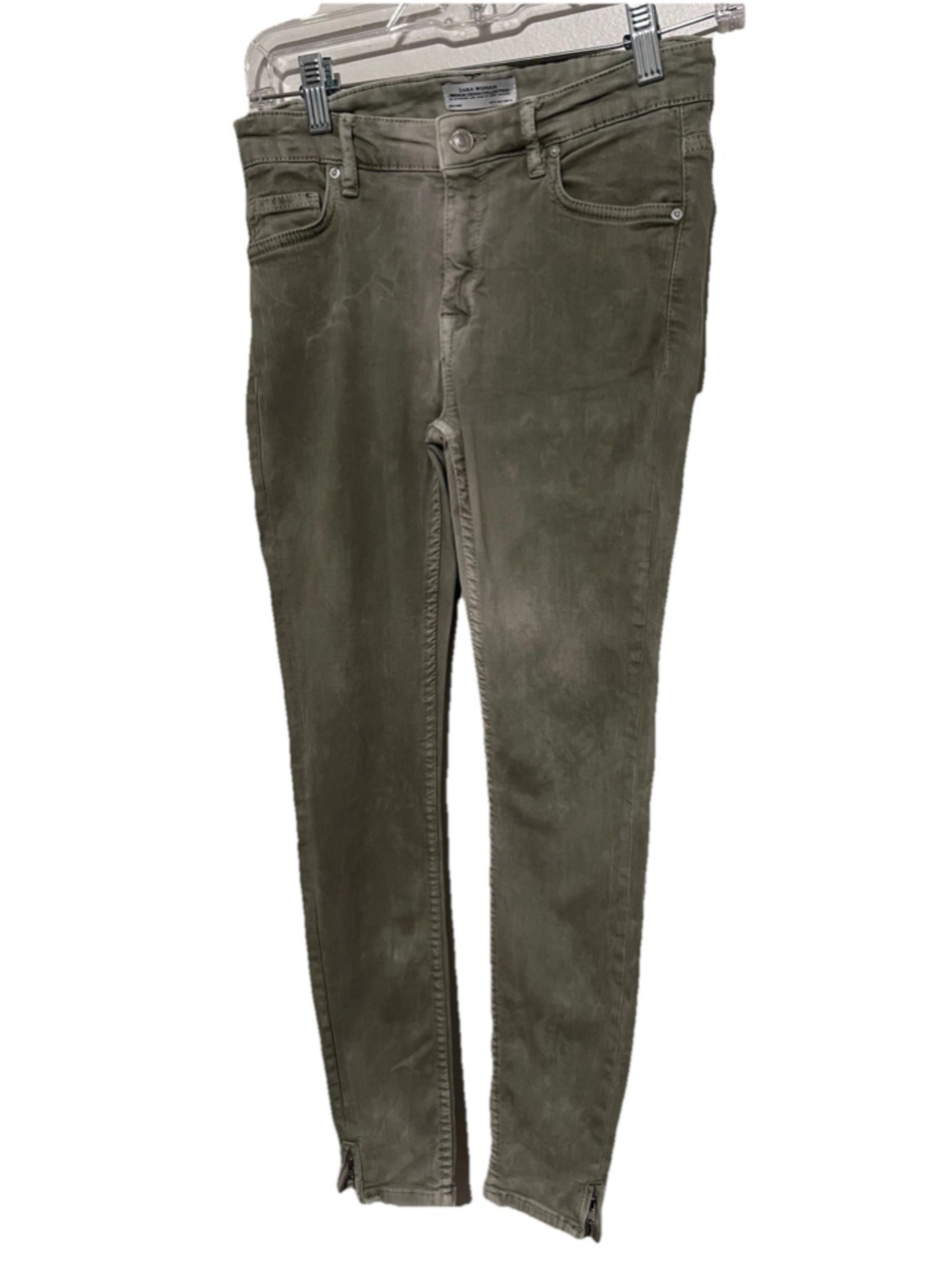 Zara Premium Denim Jeans Women’s Size 2 Faded Wash Olive Green Skinny Ankle Zip
